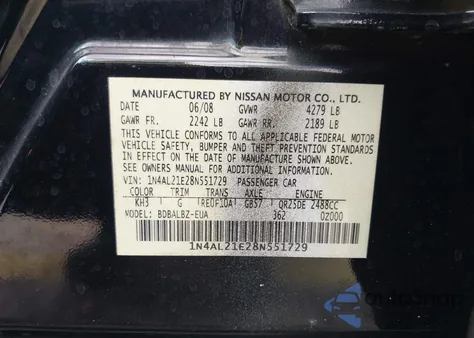 2008 Nissan Altima 2.5 S from USA, damaged, VIN 1N4AL21E28N551729